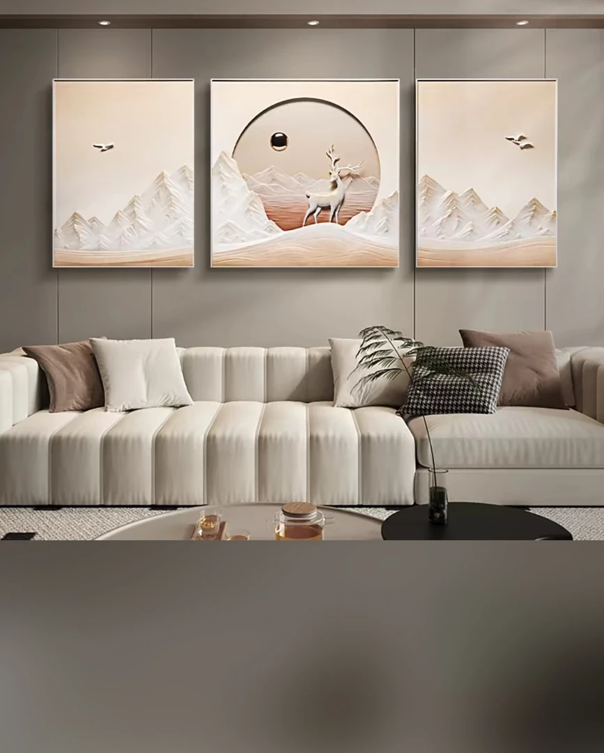 客厅沙发背景墙三联画浮雕立体带灯高级轻奢奶油风简约风装饰画