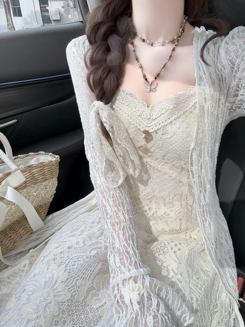 2025春夏流行穿搭法式温柔千金风高级感开衫蕾丝连衣裙气质两件套