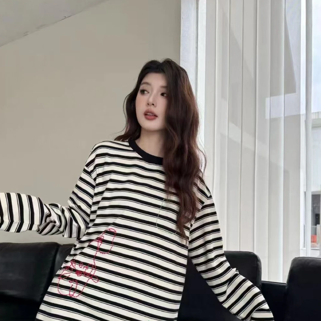 拼接吸汗长袖不褪色卡通动漫T恤黑白秋季套头中长款