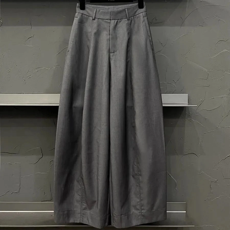 灰色西装阔腿裤女夏薄款2026新款高级感垂感大码高腰窄版直筒裤子