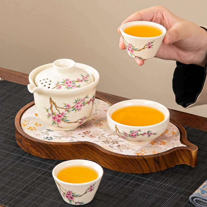 女士洋气茶具高颜值陶瓷桃花快客杯便携式出差户外旅行茶具套装