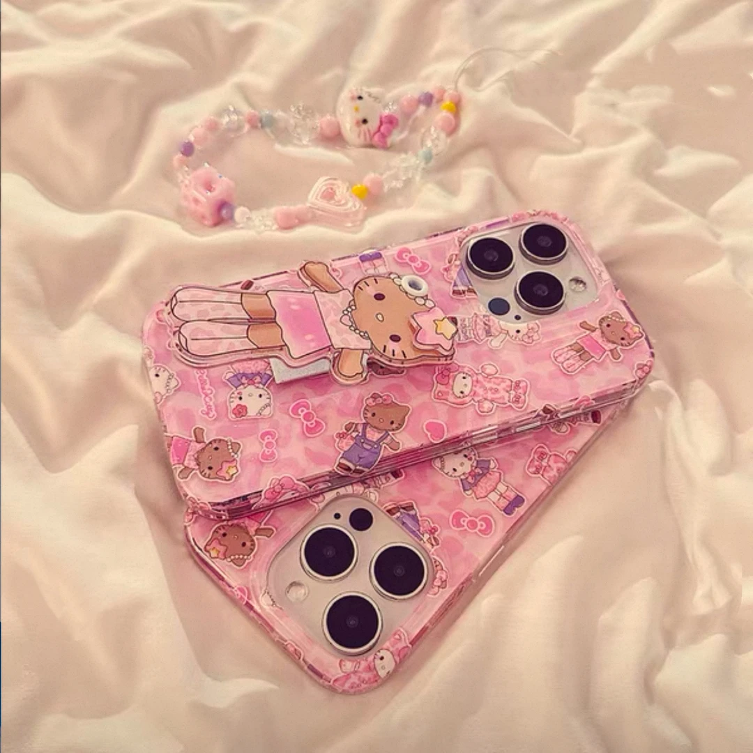 蝴蝶结长腿kt猫适用苹果16ProMax手机壳iphone16新款15折叠支架14