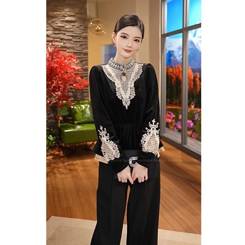 2025秋冬款【X24-D320】气质小众款丝绒褶皱蕾丝长袖上衣女