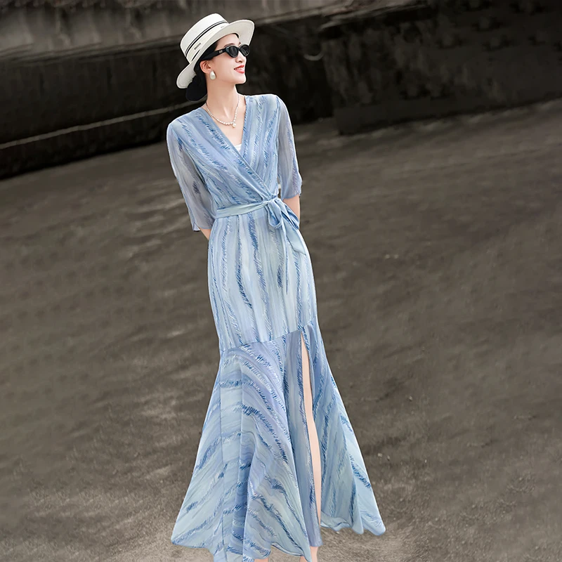 MEXCOCO/兰瑟儿夏新款度假风V领中袖系带蓝色鱼尾连衣裙105XL2995