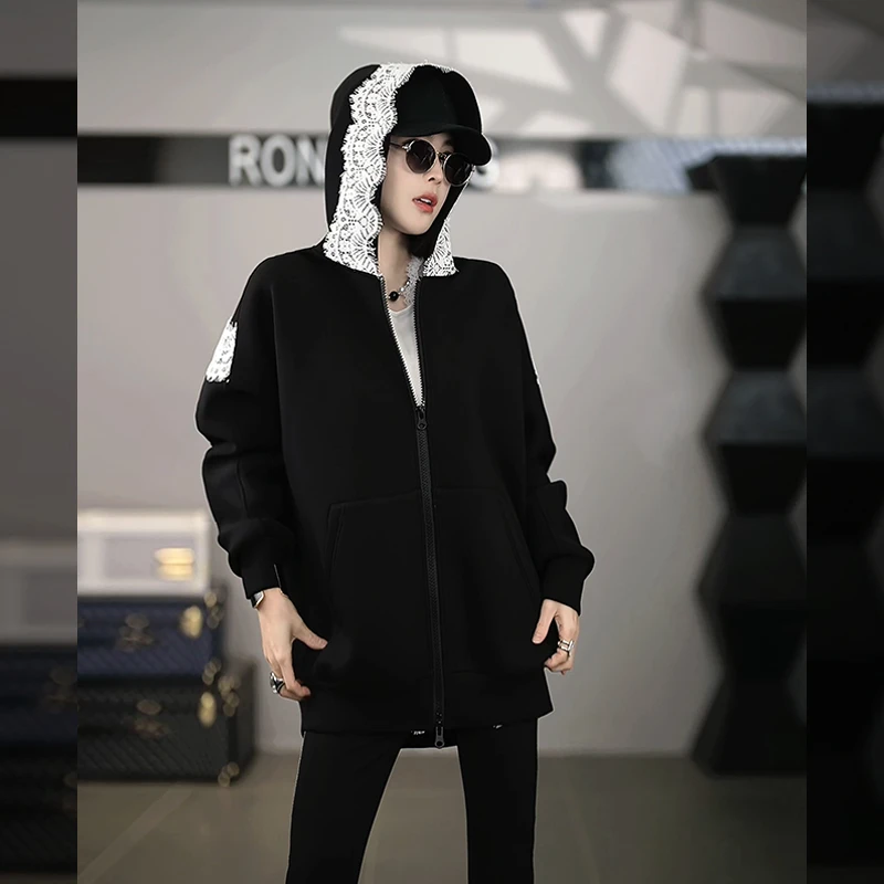 溶溶【松弛时光】RONGRONG 蕾丝拼接连帽早春薄款拉链卫衣 YMC3169W