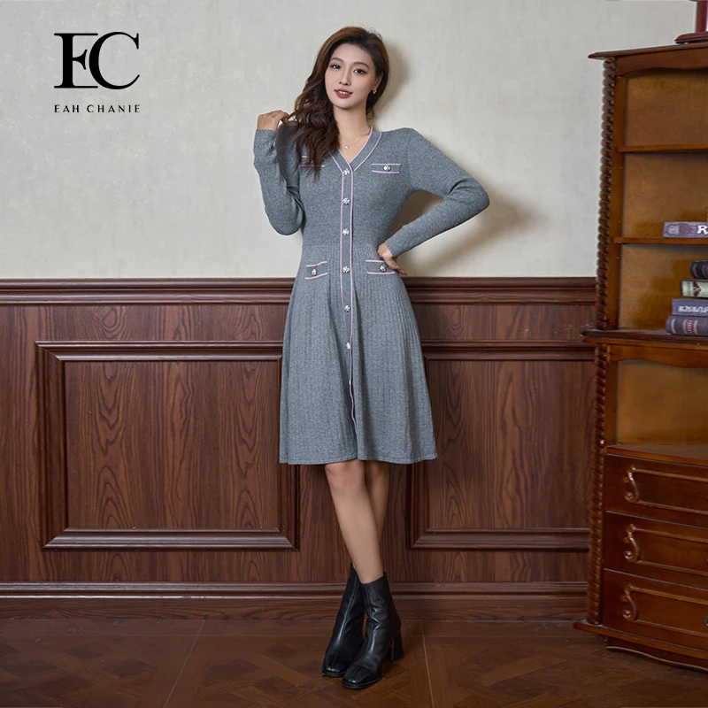EAH CHANIE秋冬通勤法式小香风V领收腰针织连衣裙中长款9719CL347