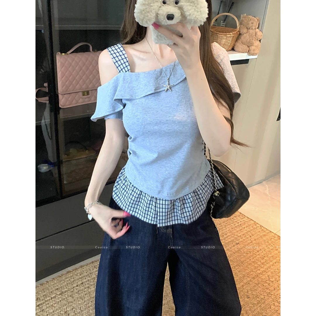 【现货】大码不规则斜肩短袖T恤女夏季胖mm假两件拼接格子露肩上衣