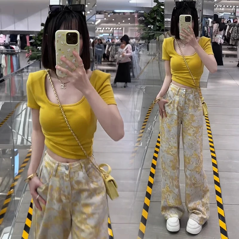 时尚套装女夏季新款洋气显瘦短袖T恤印花高腰阔腿裤休闲两件套潮