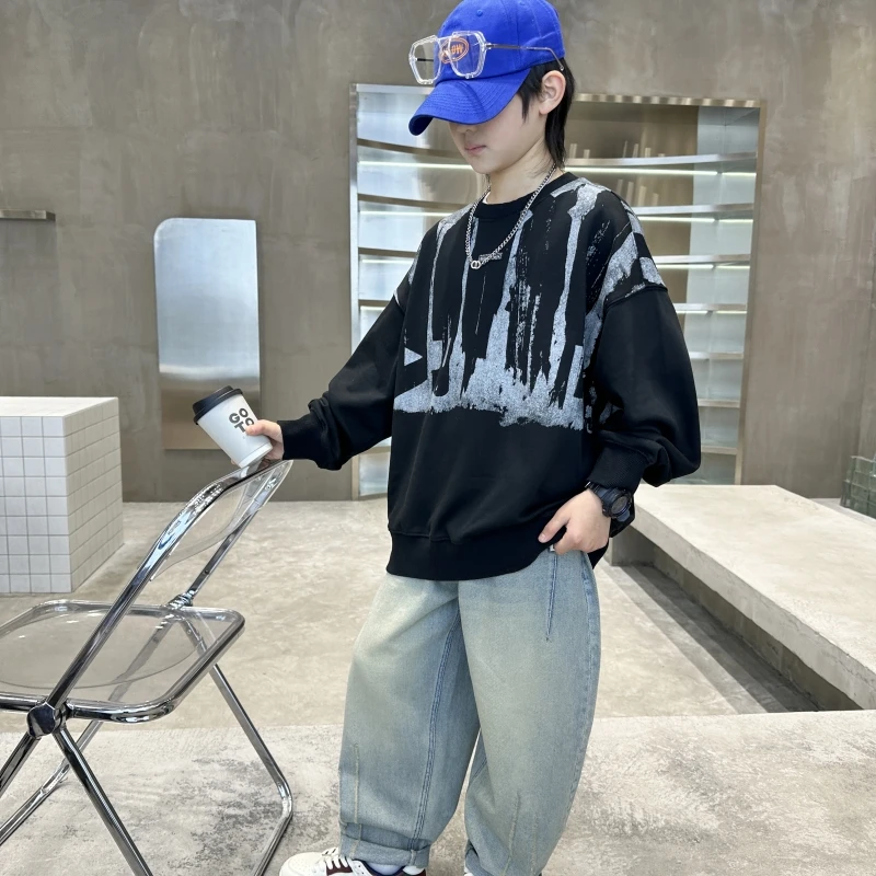 童装儿童春秋款黑色潮酷卫衣中大童男童春季洋气百搭韩版衣服帅气