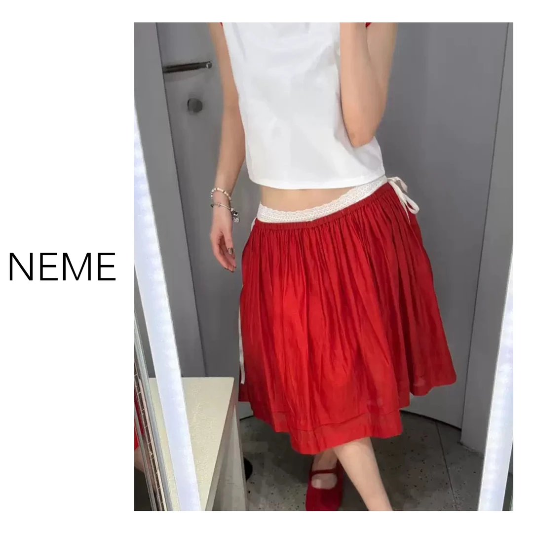 NEME 2025 虞书欣同款不对称倾斜百褶腰封半身裙不俗气的红