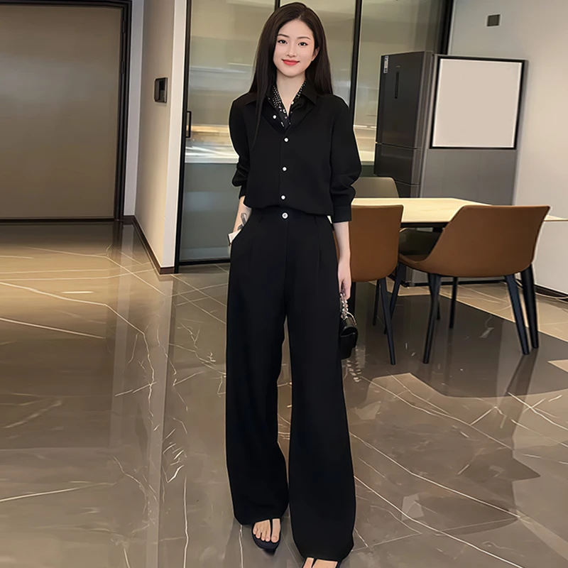 休闲气质轻奢风套装2025年秋冬新款翻领遮肉衬衫宽松阔腿裤两件套