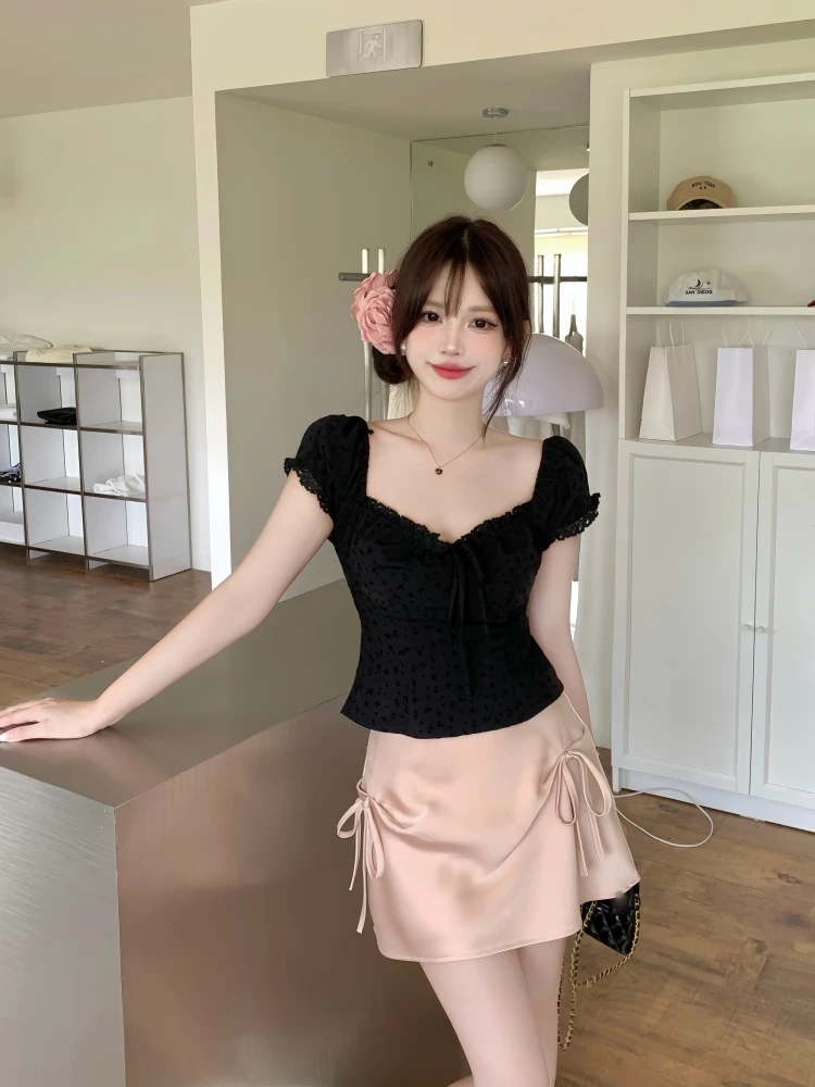 大码女装胖mm法式复古蕾丝拼接短袖上衣夏季新款高腰显瘦半身裙