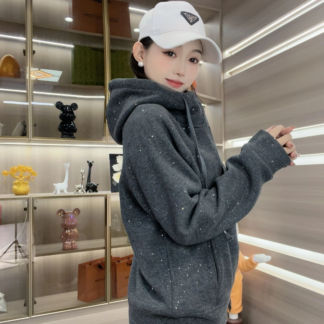 现货【门店同款满天星】25新款糯米加绒加厚时尚休闲百搭连帽套装女