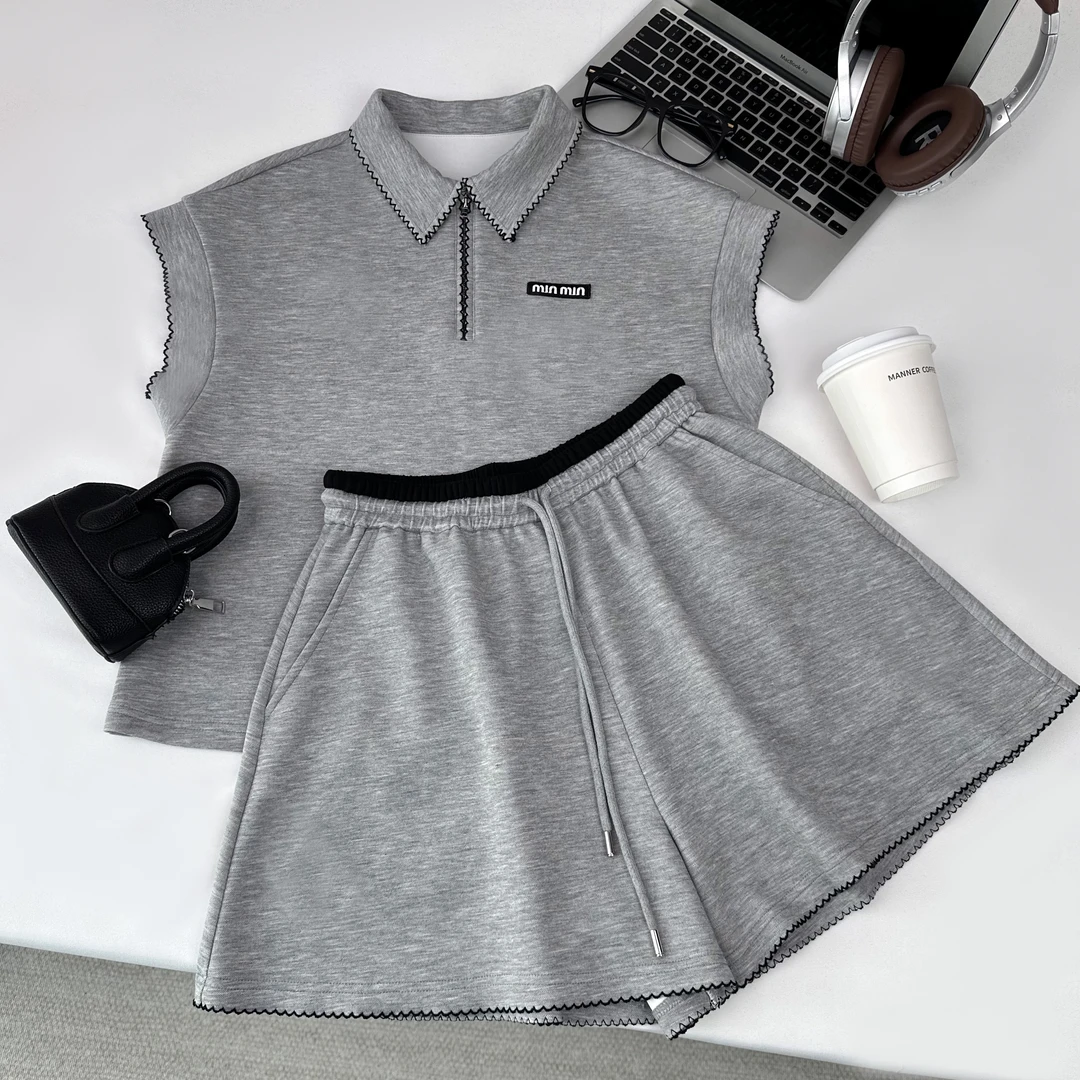 简约时尚休闲百搭翻领刺绣两件套套装65175