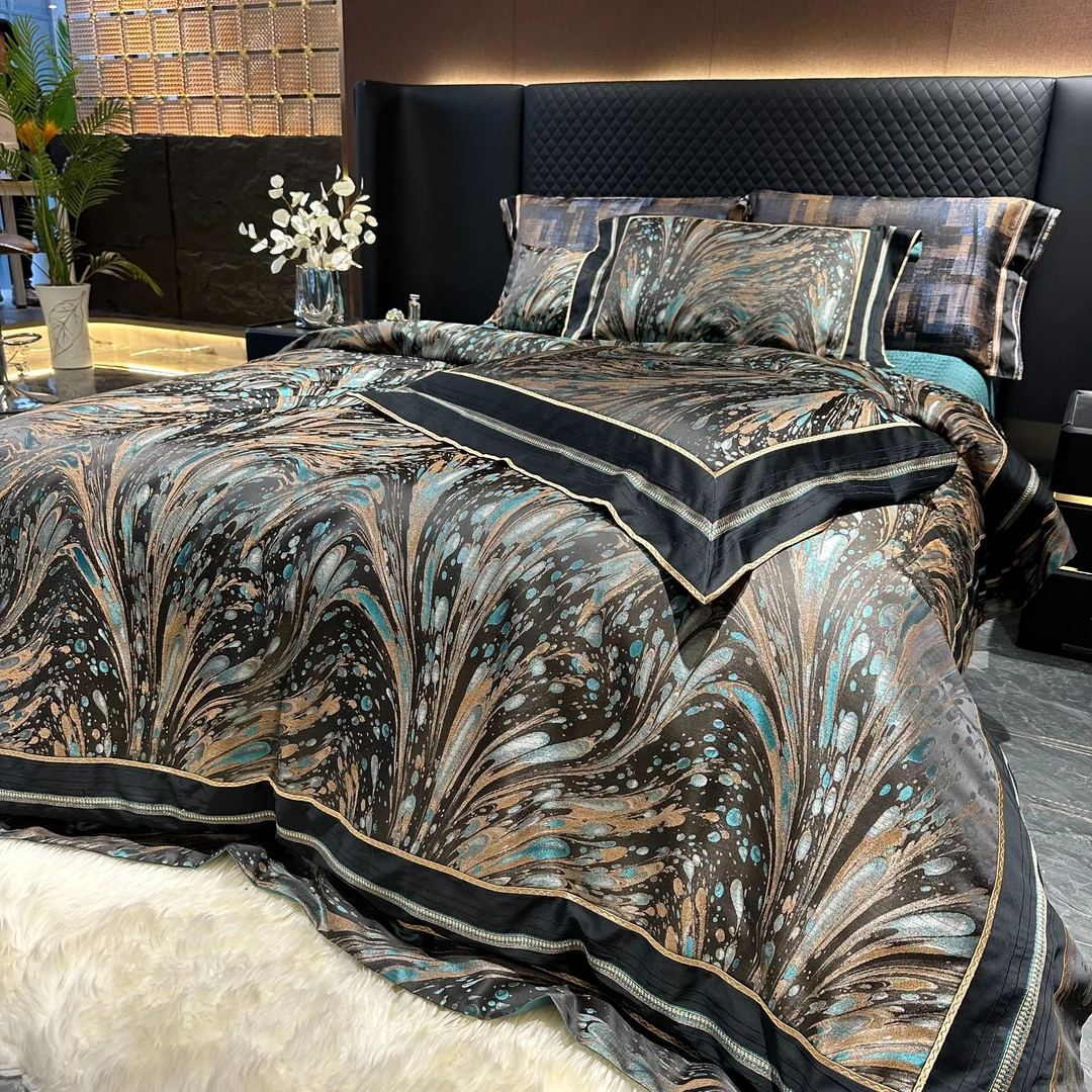 慧媄居年货节清仓-高端别墅设计师手绘色织提花真丝床盖四件套