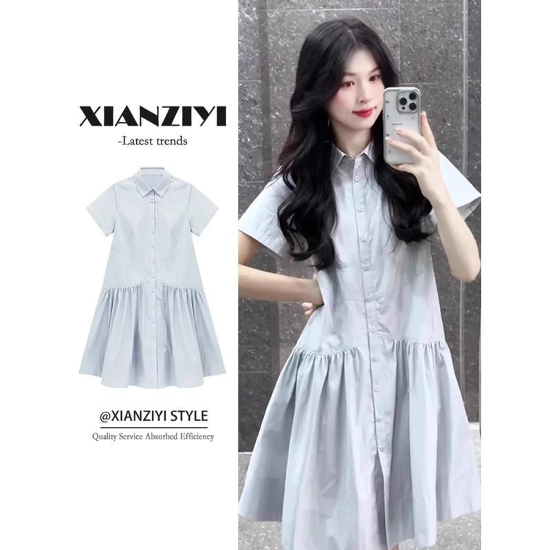 【晚媛若】2025夏季新款孕妇学院风盐系清新宽松显瘦短袖衬衣连衣裙