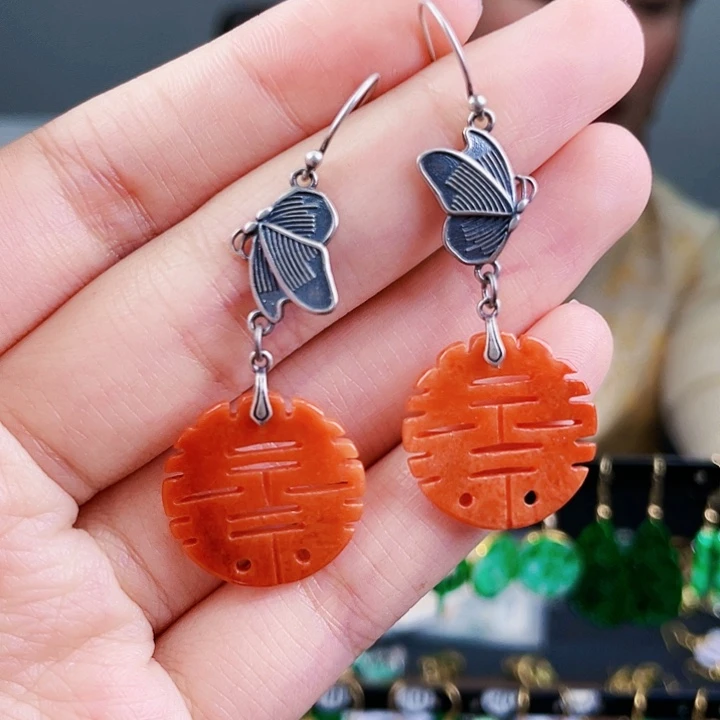 翡翠耳饰银S925镶嵌饰品