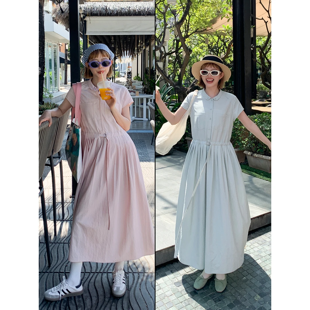 鹿与飞鸟[无尽之夏]“冰椰芭乐”清新粉绿色磨砂感衬衫连衣裙5934