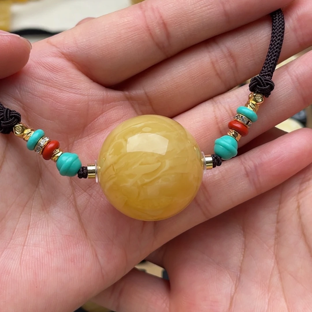 琥珀未镶嵌裸石蜜蜡圆珠浓蜡虎皮纹28+笑