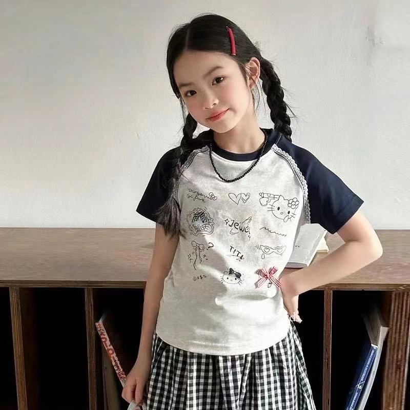 〖亲子装〗儿童夏季百搭洋气女童涂鸦印花撞色插肩袖圆领t恤