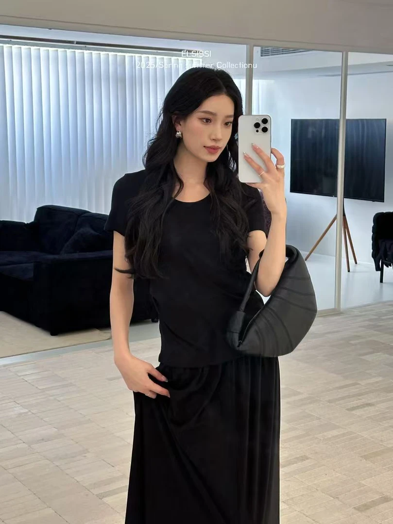 福秒-极简U领收腰褶皱T～百搭短袖T恤（E8563#）ELSISSI