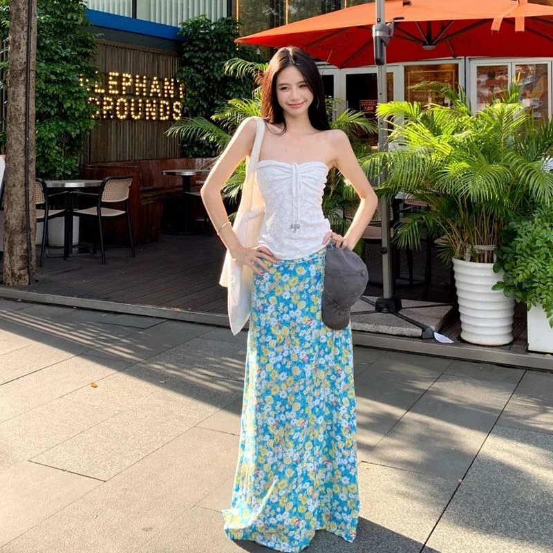 套装法式抽绳抹胸背心中长款上衣女夏季蓝色薄款碎花半身裙两件套