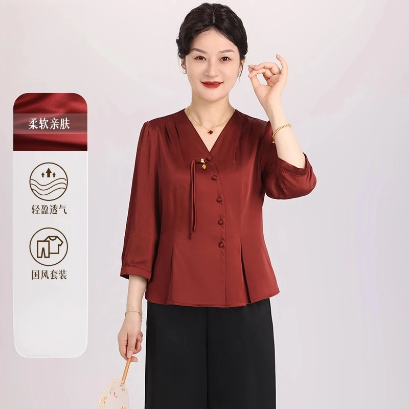 新中式妈妈夏装套装国风小衫两件套中老年女装夏季七分袖衬衫上衣