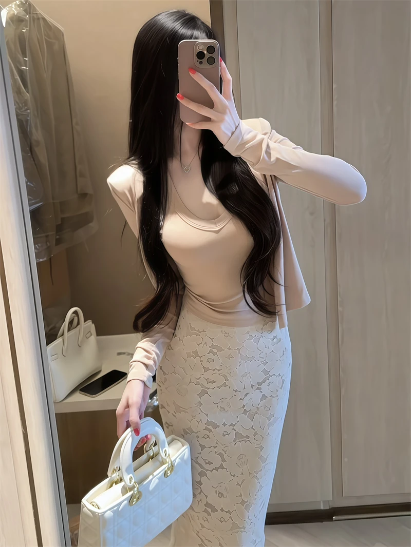 法式气质V领垫肩背心长袖开衫小外套女两件套短款上衣修身打底衫