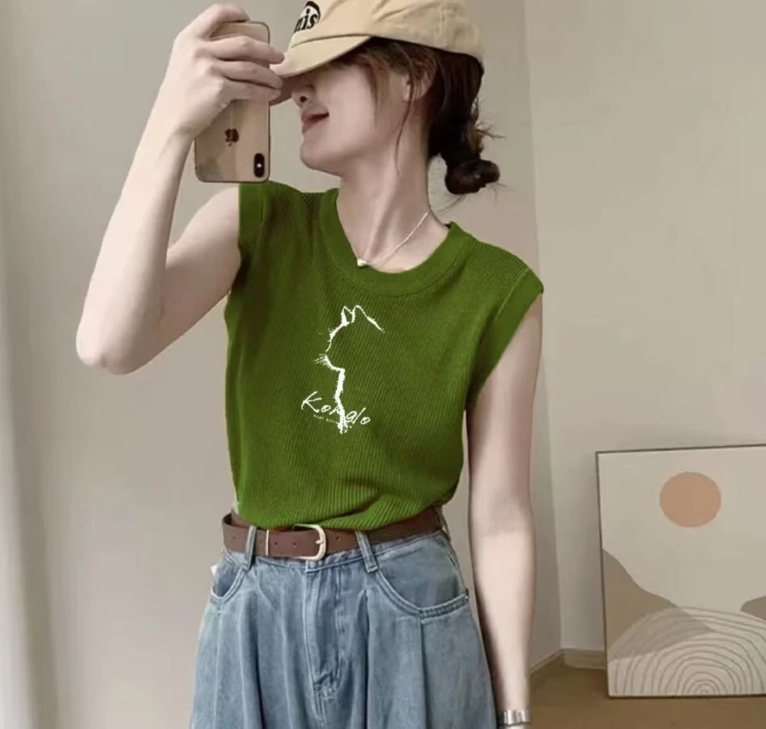 绿色短袖针织衫无袖背心女夏季夏设计感冰丝正肩针织上衣2024新款