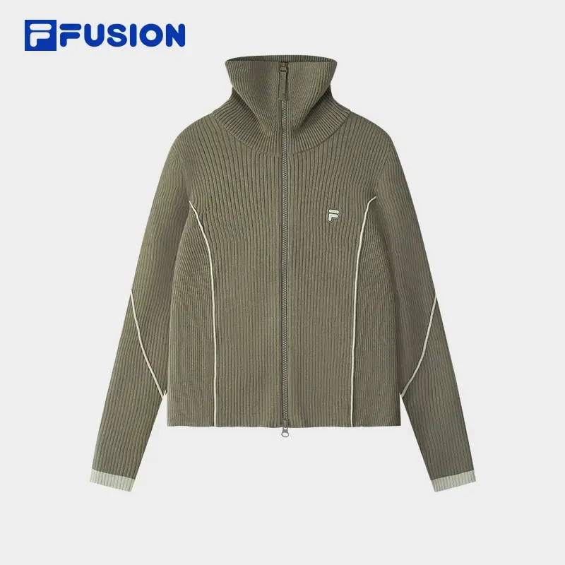 FILA斐乐女纯色简约通勤编织开衫半高领运动立领外套T11W545402F
