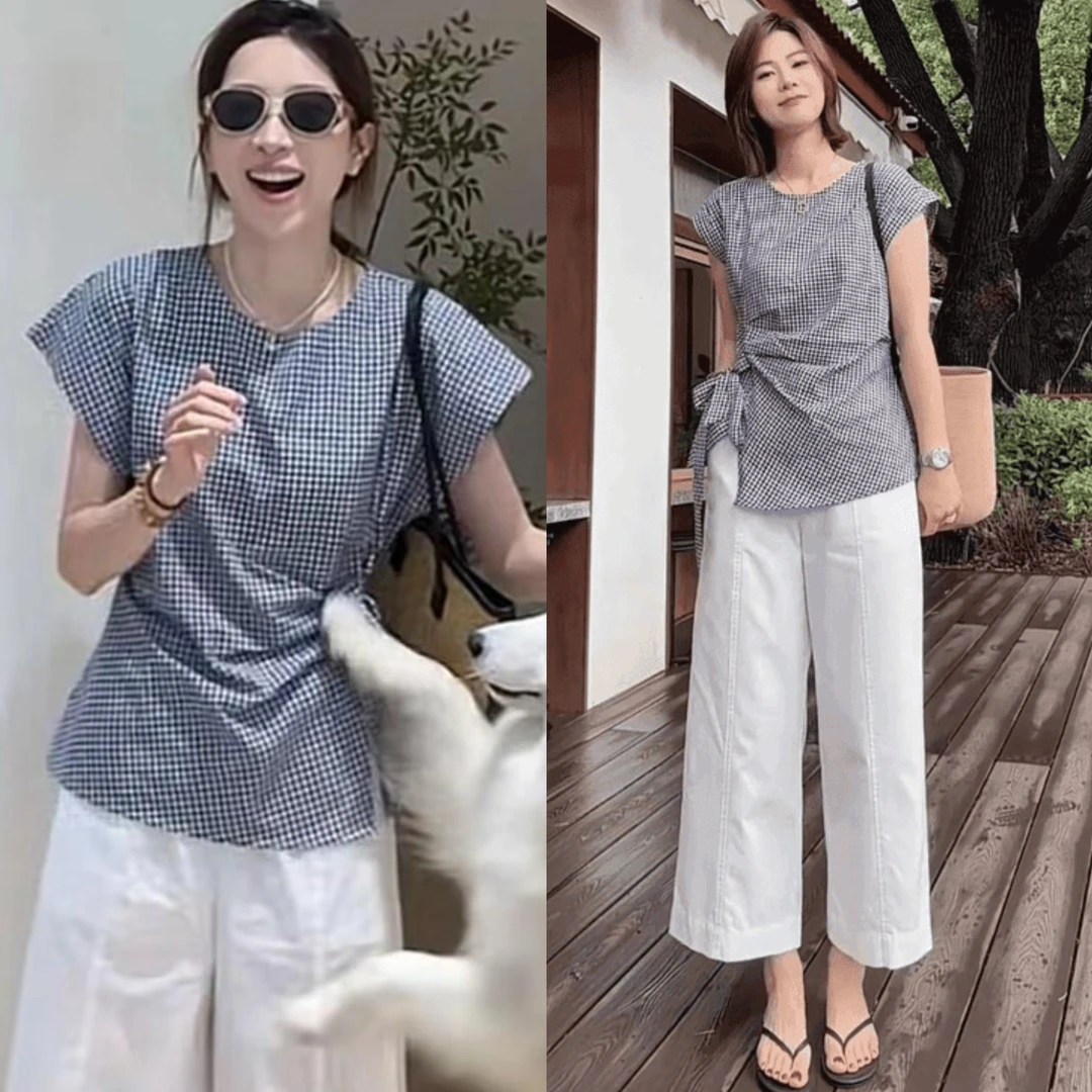 爆款流行夏季两件套女装格子收腰小衫+九分阔腿裤时尚巨好看套装