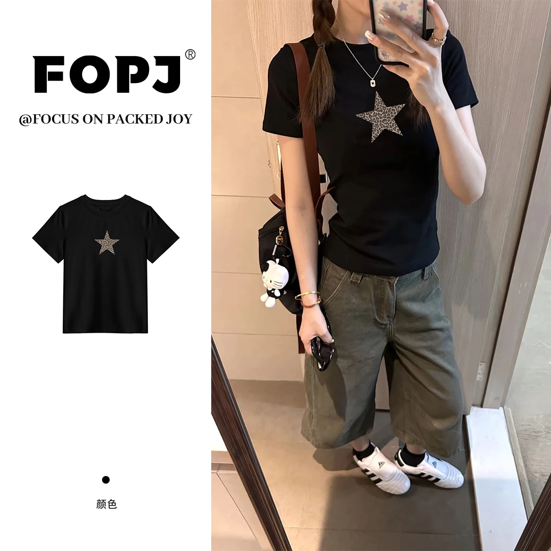 FOPJ美式辣妹正肩修身设计感短袖t恤百搭复古纯欲风显瘦圆领上衣