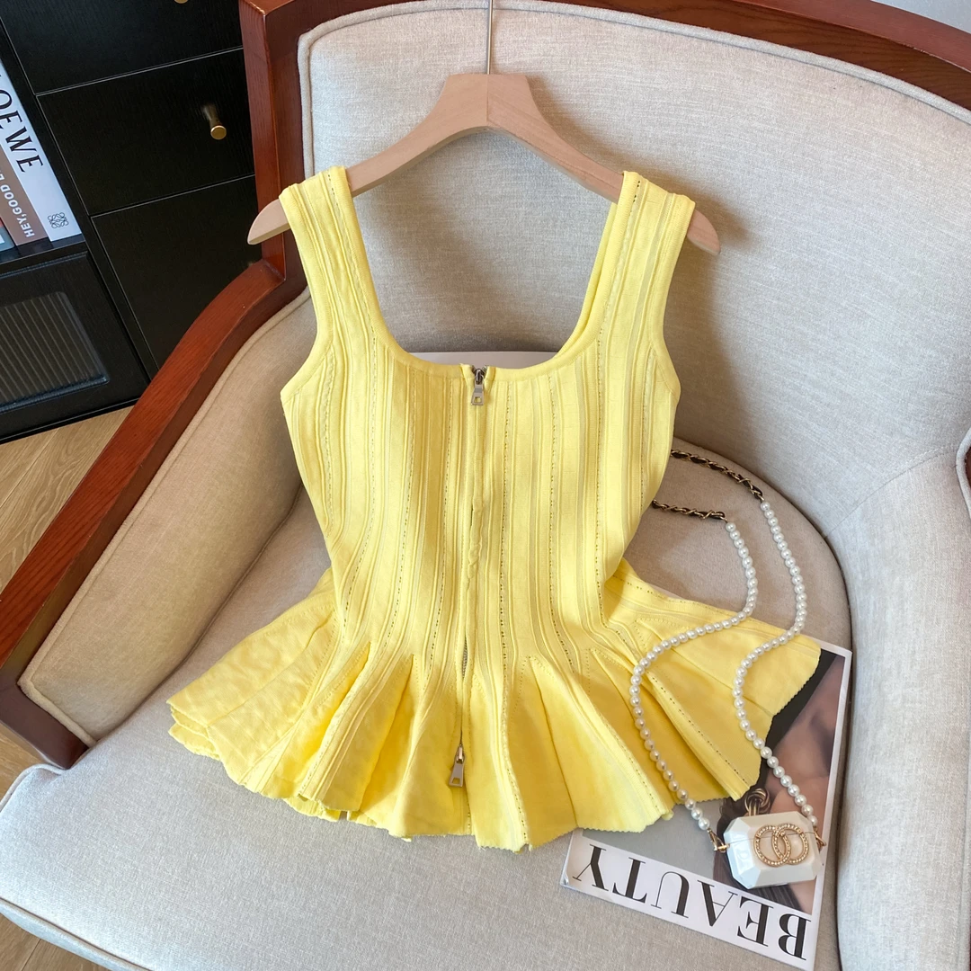 夏季新款纯欲风设计感双开口拉链方领修身收腰荷叶边针织吊带背心