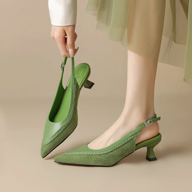 4.5cm春夏尖头后空凉鞋细跟绿色百搭包头女鞋时尚真皮中跟高跟鞋