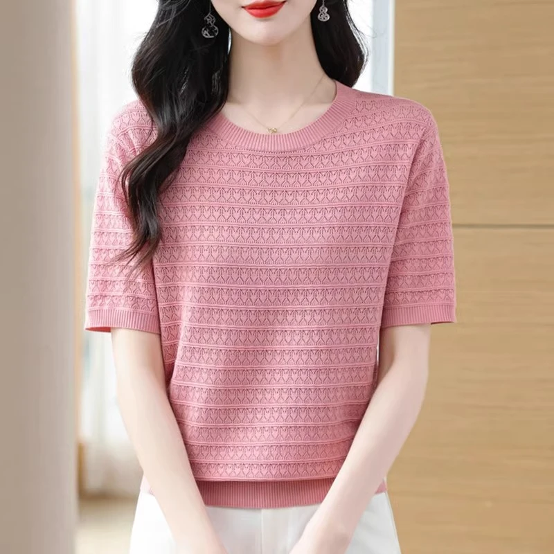 2025新款镂空短袖t恤女夏季妈妈洋气大码圆领宽松遮肚针织上衣女