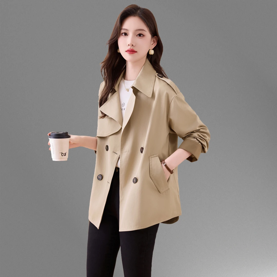 卡其色风衣外套女短款春秋2025新款韩版显瘦双排扣西装领百搭上衣