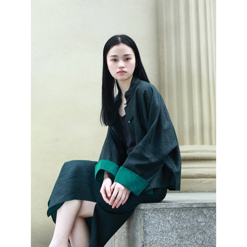 【羿尘】桑蚕丝龟裂黑绿香云纱外套新中式翻袖上衣墨绿开叉半身裙