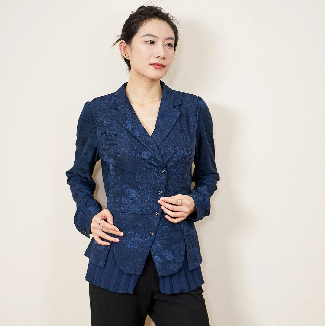 2025年秋季时尚长袖简约扇子提花蓝色开衫气质女衬衫#LE-SY179