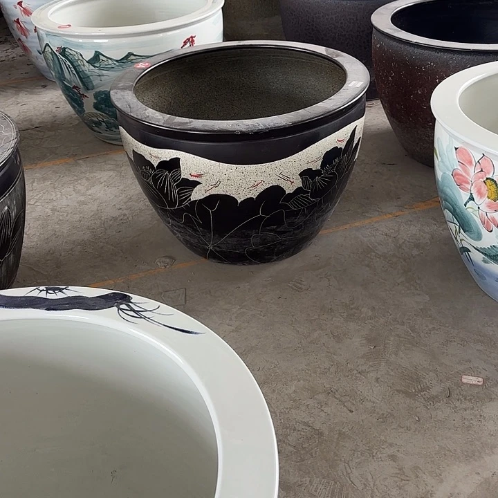 瓷片景德镇陶瓷鱼缸77*50鱼戏荷叶➕十字架底座