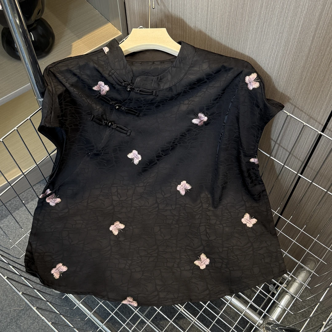 【紫蝶】2025夏季国风蝴蝶刺绣提花设计休闲气质百搭上衣