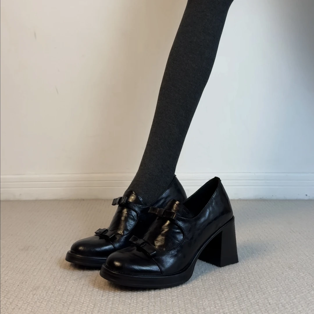 法式蝴蝶结高跟小皮鞋女2025新款复古通勤一脚蹬粗跟乐福鞋单鞋子