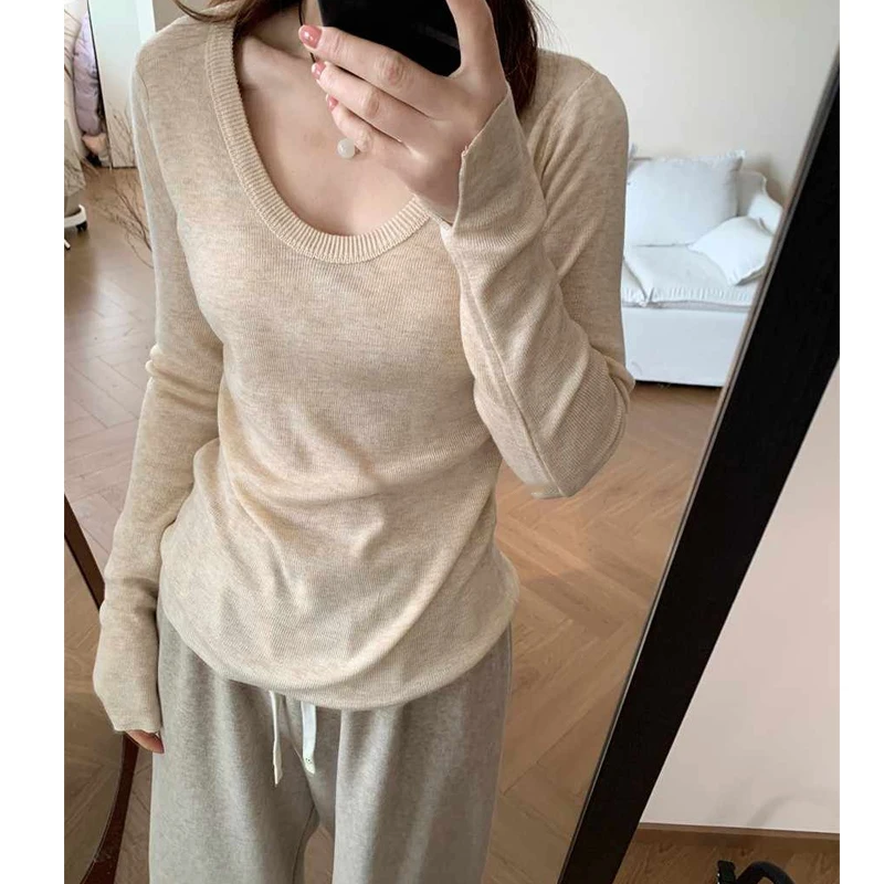 韩系U领内搭长袖针织衫女秋冬季2025新款温柔打底衫软糯内搭上衣