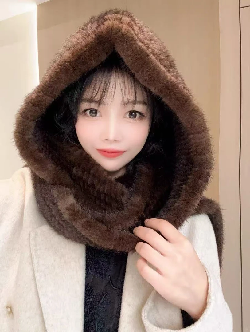 貂毛编织高级风雪帽围巾一体皮草帽女户外裘皮水貂皮草帽子