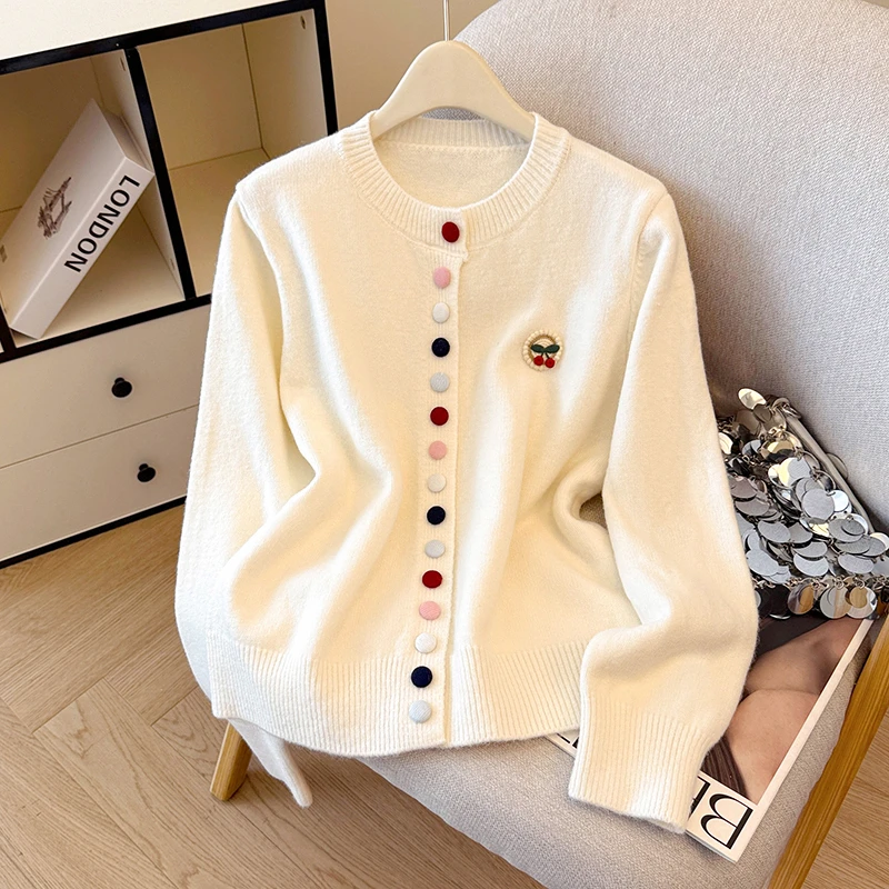 彩色纽扣圆领针织开衫女秋冬新款温柔风软糯显瘦慵懒毛衣外套上衣