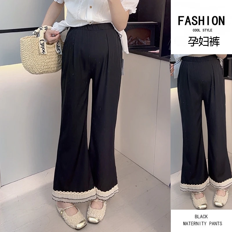 孕妇裤子春秋款外穿2025新款抽绳无托腹花边阔腿裤春夏季九分裤女