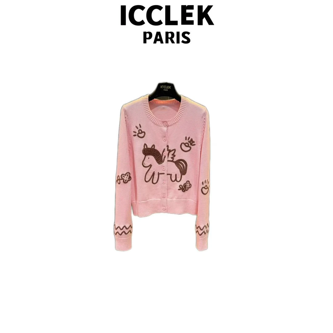 ICCLEK 粉色圆领图案长袖休闲百搭宽松秋冬气质减龄时尚上衣-9414