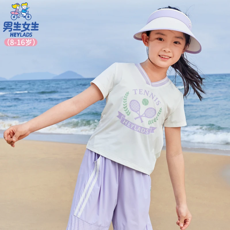 男生女生女大童短袖V领运动主题印花休闲风T恤NJTCJ24546B