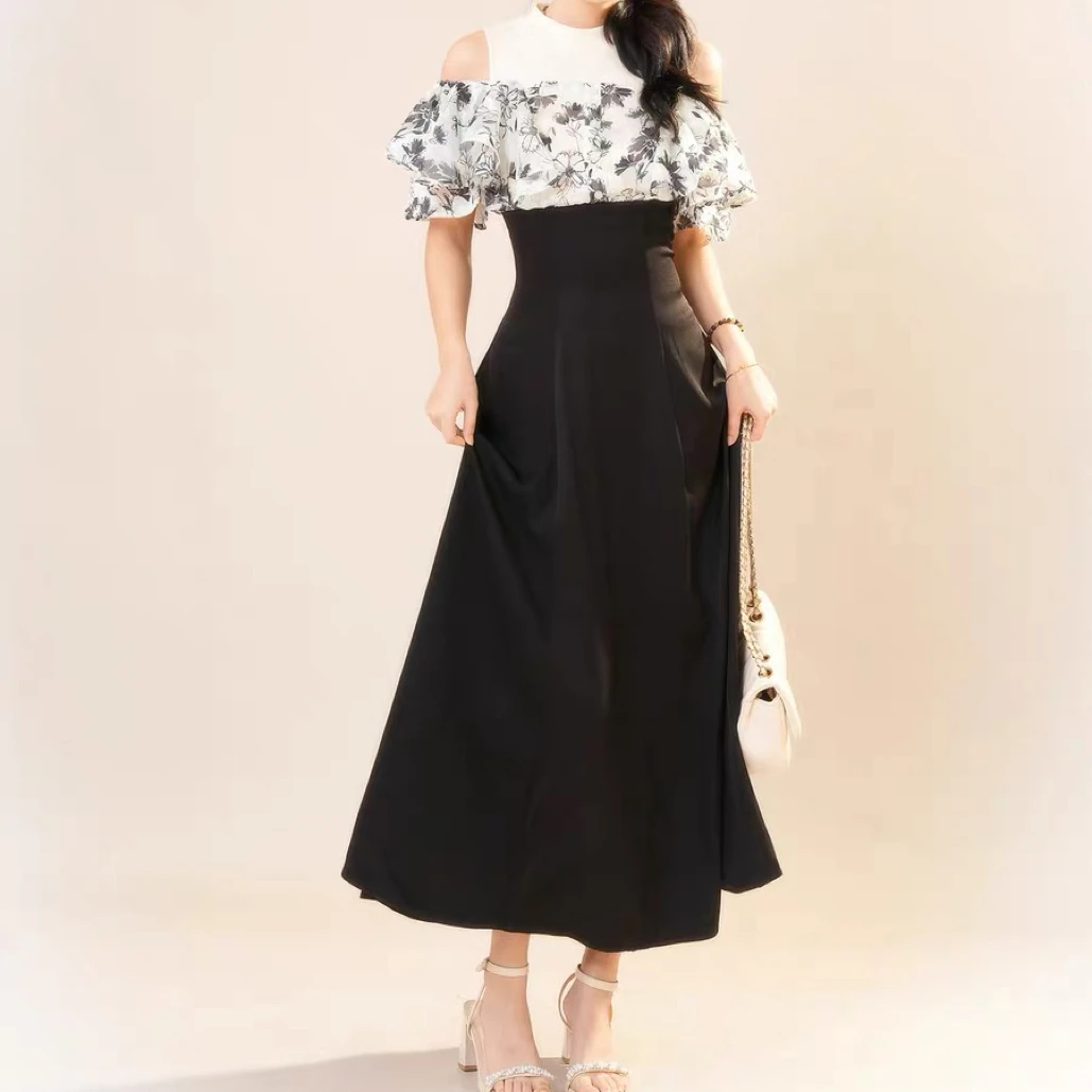 露肩荷叶边收腰连衣裙