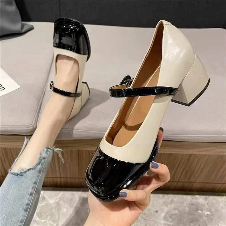 A1612 新款百搭气质方头粗跟浅口软底玛丽珍单鞋