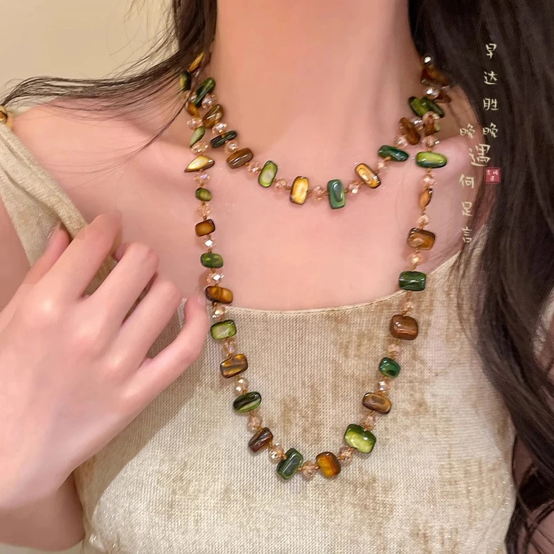铜合金项链 波西米亚风绿色贝壳项链女款森系复古双层叠戴锁骨链